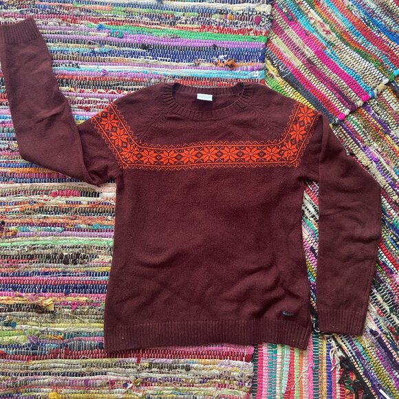 Columbia Burgundy and Orange Cotton Wool Blend Ski Sweater Fall Winter Basics - Picture 1 of 7